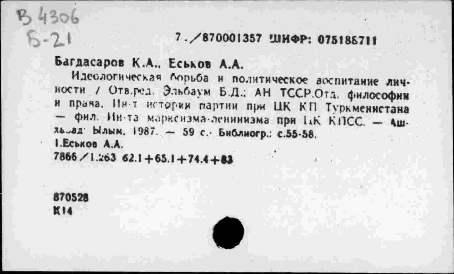 ﻿7./870001357 ШИФР: 07518Б711
Багдасаров К.А.. Еськов А.А.
Идеологическая борьба и политическое воспитание личности / Отв.ред. Эльбаум БД.; АН ТССР.Отд. философии и прана. Пи т истории партии при ПК КП Туркменистана — фил. Ин та марксизма-ленинизма при 1»К КПСС. — Аш-хь^ад Ылым. 1987. — 59 с.- Библиогр.: с.55-58. I.Еськов А.А.
7866X1.263 «2.1+65.1+74.4+83	'
870528 К14
